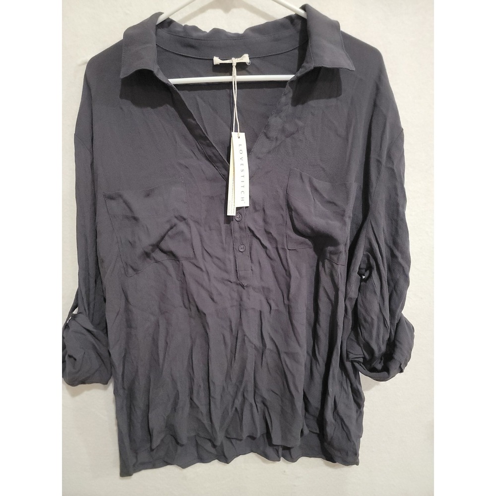 NWT Lovestitch Shayla Button Front Shirt Charcoal Grey Roll Tab Tunic L 14025W-R